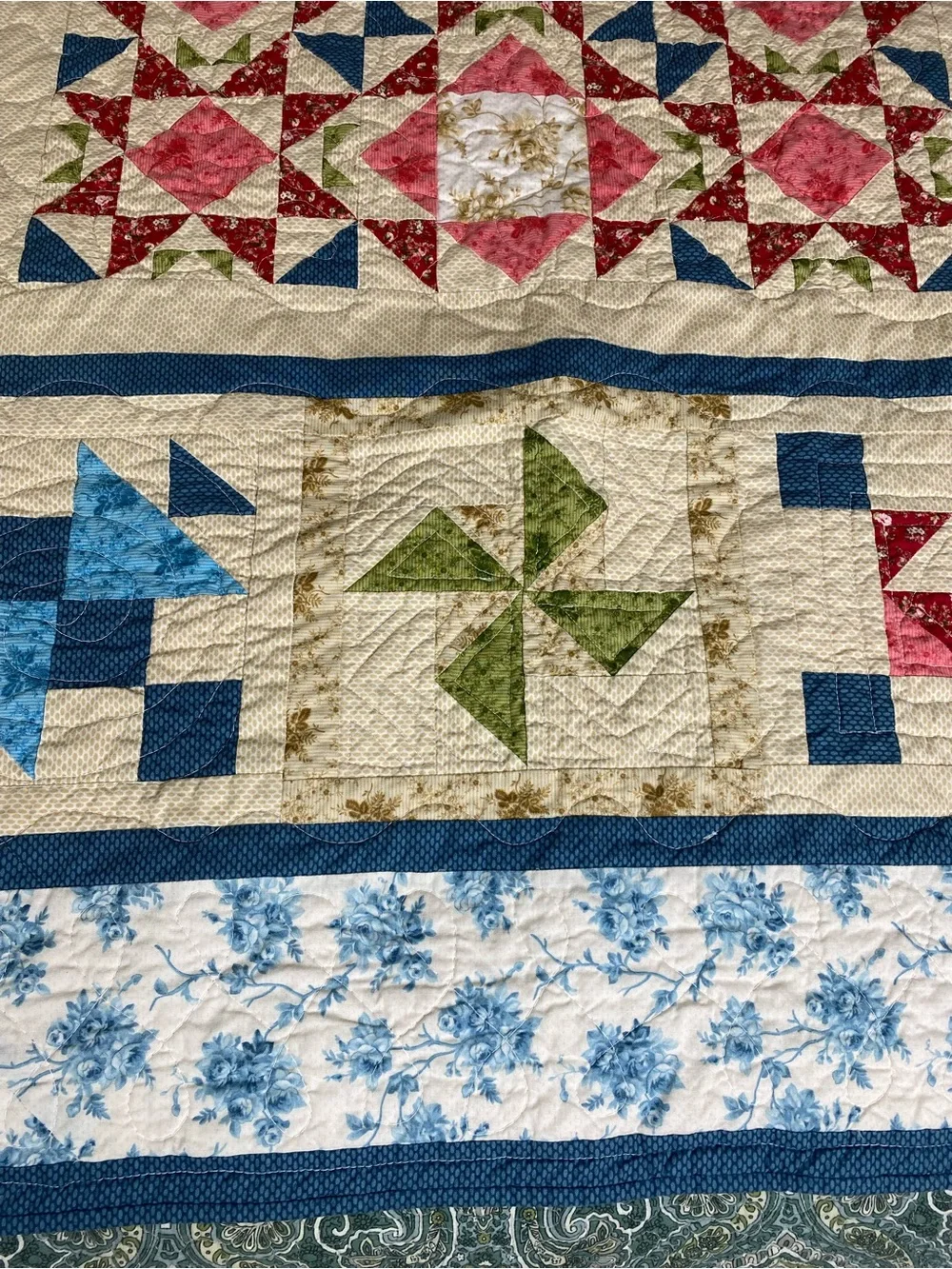 Handmade Patchwork Quilt Bedspread in Cream, Red, Blue & Green by